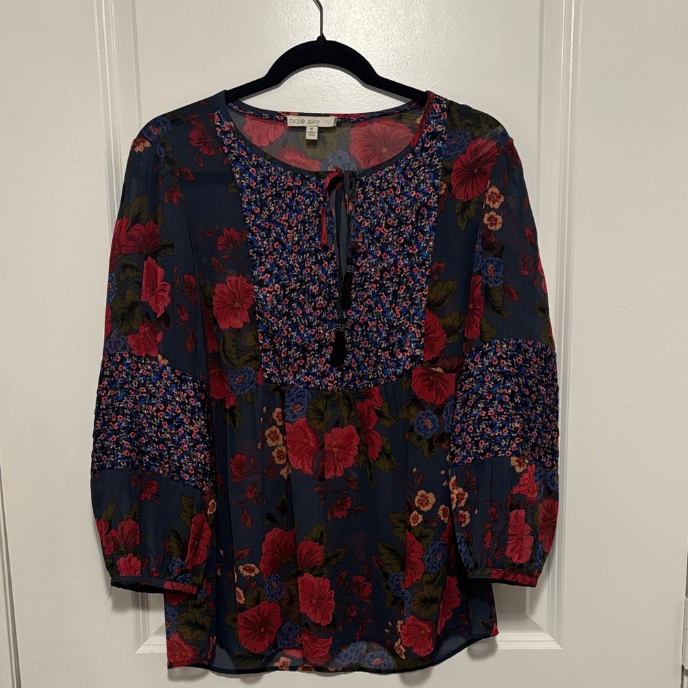 Boho Floral Tie-Front Blouse - Navy with Red Floral